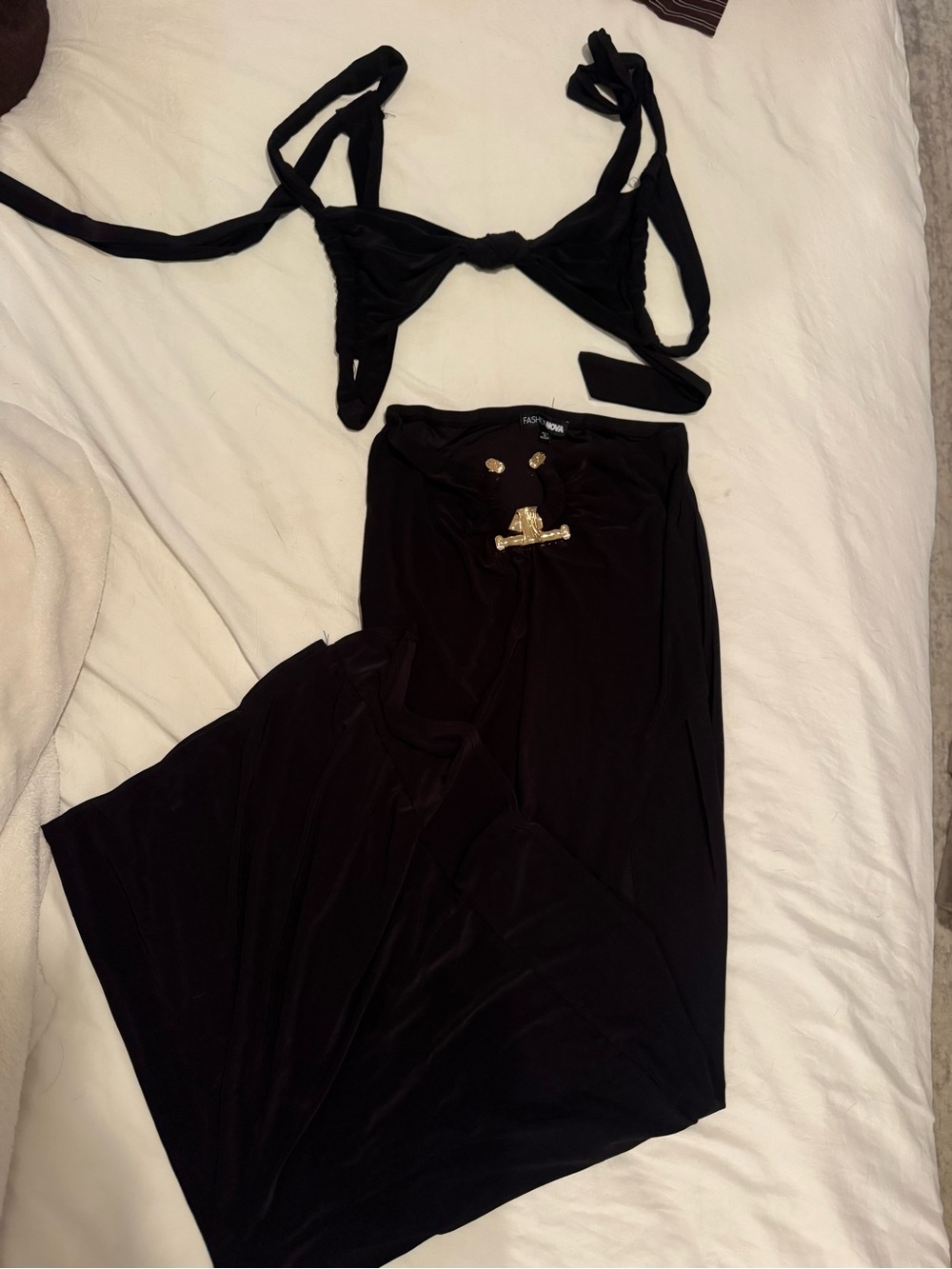 Fashion Nova Black Two-Piece Bandeau Set with Gold Accents